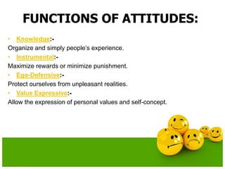 FUNCTIONS OF ATTITUDES:
• Knowledge:-
Organize and simply people’s experience.
• Instrumental:-
Maximize rewards or minimize punishment.
• Ego-Defensive:-
Protect ourselves from unpleasant realities.
• Value Expressive:-
Allow the expression of personal values and self-concept.
 
