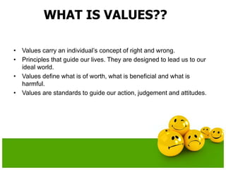 WHAT IS VALUES??
• Values carry an individual’s concept of right and wrong.
• Principles that guide our lives. They are designed to lead us to our
ideal world.
• Values define what is of worth, what is beneficial and what is
harmful.
• Values are standards to guide our action, judgement and attitudes.
 