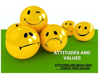 ATTITUDES AND
VALUES
ATTITUDES ARE MUCH LESS
STABLE THAN VALUES
 