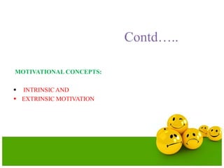 Contd…..
MOTIVATIONAL CONCEPTS:
 INTRINSIC AND
 EXTRINSIC MOTIVATION
 