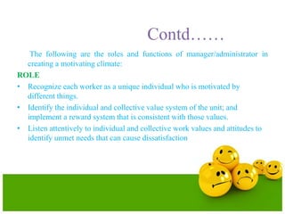 Contd……
The following are the roles and functions of manager/administrator in
creating a motivating climate:
ROLE
• Recognize each worker as a unique individual who is motivated by
different things.
• Identify the individual and collective value system of the unit; and
implement a reward system that is consistent with those values.
• Listen attentively to individual and collective work values and attitudes to
identify unmet needs that can cause dissatisfaction
 