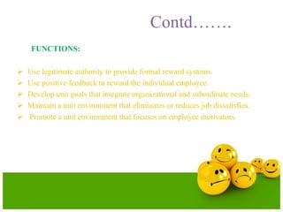 Contd…….
FUNCTIONS:
 Use legitimate authority to provide formal reward systems.
 Use positive feedback to reward the individual employee.
 Develop unit goals that integrate organizational and subordinate needs.
 Maintain a unit environment that eliminates or reduces job dissatisfies.
 Promote a unit environment that focuses on employee motivators.
 