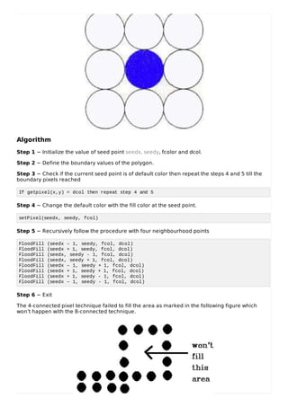 Algorithm
Step 1 − Initialize the value of seed point seedx, seedy, fcolor and dcol.
Step 2 − Define the boundary values of the polygon.
Step 3 − Check if the current seed point is of default color then repeat the steps 4 and 5 till the
boundary pixels reached
If getpixel(x,y) = dcol then repeat step 4 and 5
Step 4 − Change the default color with the fill color at the seed point.
setPixel(seedx, seedy, fcol)
Step 5 − Recursively follow the procedure with four neighbourhood points
FloodFill (seedx – 1, seedy, fcol, dcol)
FloodFill (seedx + 1, seedy, fcol, dcol)
FloodFill (seedx, seedy - 1, fcol, dcol)
FloodFill (seedx, seedy + 1, fcol, dcol)
FloodFill (seedx – 1, seedy + 1, fcol, dcol)
FloodFill (seedx + 1, seedy + 1, fcol, dcol)
FloodFill (seedx + 1, seedy - 1, fcol, dcol)
FloodFill (seedx – 1, seedy - 1, fcol, dcol)
Step 6 − Exit
The 4-connected pixel technique failed to fill the area as marked in the following figure which
won’t happen with the 8-connected technique.
 