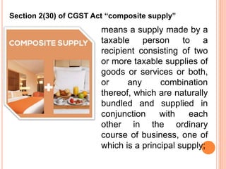 means a supply made by a
taxable person to a
recipient consisting of two
or more taxable supplies of
goods or services or both,
or any combination
thereof, which are naturally
bundled and supplied in
conjunction with each
other in the ordinary
course of business, one of
which is a principal supply;
Section 2(30) of CGST Act “composite supply”
 