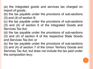 (a) the integrated goods and services tax charged on
import of goods;
(b) the tax payable under the provisions of sub-sect...