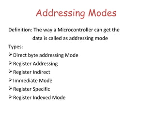 Addressing Modes
Definition: The way a Microcontroller can get the
data is called as addressing mode
Types:
Direct byte addressing Mode
Register Addressing
Register Indirect
Immediate Mode
Register Specific
Register Indexed Mode
 