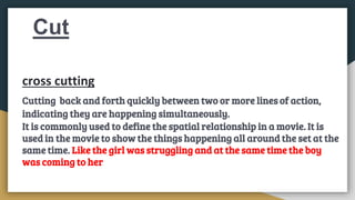Cut
cross cutting
Cutting back and forth quickly between two or more lines of action,
indicating they are happening simultaneously.
It is commonly used to define the spatial relationship in a movie. It is
used in the movie to show the things happening all around the set at the
same time. Like the girl was struggling and at the same time the boy
was coming to her
 