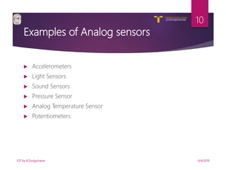 V R Siddhartha Engineering College
Autonomous and Affiliated to JNTUK, Kakinada
Department of Information Technology
Examples of Analog sensors
 Accelerometers
 Light Sensors
 Sound Sensors
 Pressure Sensor
 Analog Temperature Sensor
 Potentiometers
6/4/2019IOT by K.Durgacharan
10
 