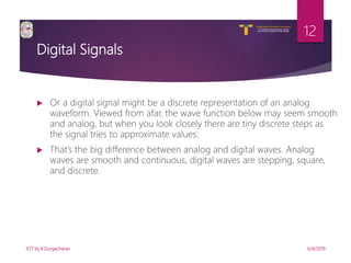 V R Siddhartha Engineering College
Autonomous and Affiliated to JNTUK, Kakinada
Department of Information Technology
Digital Signals
 Or a digital signal might be a discrete representation of an analog
waveform. Viewed from afar, the wave function below may seem smooth
and analog, but when you look closely there are tiny discrete steps as
the signal tries to approximate values:
 That’s the big difference between analog and digital waves. Analog
waves are smooth and continuous, digital waves are stepping, square,
and discrete.
6/4/2019IOT by K.Durgacharan
12
 