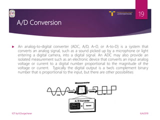 V R Siddhartha Engineering College
Autonomous and Affiliated to JNTUK, Kakinada
Department of Information Technology
A/D Conversion
 An analog-to-digital converter (ADC, A/D, A–D, or A-to-D) is a system that
converts an analog signal, such as a sound picked up by a microphone or light
entering a digital camera, into a digital signal. An ADC may also provide an
isolated measurement such as an electronic device that converts an input analog
voltage or current to a digital number proportional to the magnitude of the
voltage or current. Typically the digital output is a two's complement binary
number that is proportional to the input, but there are other possibilities
6/4/2019IOT by K.Durgacharan
19
 