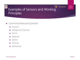 V R Siddhartha Engineering College
Autonomous and Affiliated to JNTUK, Kakinada
Department of Information Technology
Examples of Sensors and Working
Principles
 Commonly Measured Quantities
 Acoustic
 Biological & Chemical
 Electric
 Magnetic
 Optical
 Thermal
 Mechanical
6/4/2019IOT by K.Durgacharan
20
 