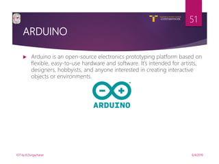 V R Siddhartha Engineering College
Autonomous and Affiliated to JNTUK, Kakinada
Department of Information Technology
ARDUINO
 Arduino is an open-source electronics prototyping platform based on
flexible, easy-to-use hardware and software. It’s intended for artists,
designers, hobbyists, and anyone interested in creating interactive
objects or environments.
6/4/2019IOT by K.Durgacharan
51
 