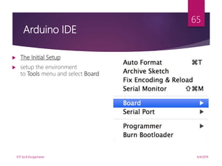 6/4/2019
65
 The Initial Setup
 setup the environment
to Tools menu and select Board
Arduino IDE
IOT by K.Durgacharan
 