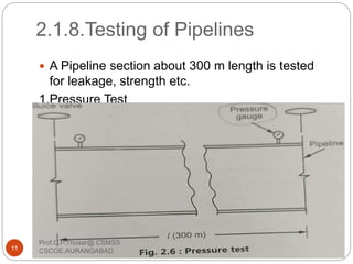 2.1.8.Testing of Pipelines
 A Pipeline section about 300 m length is tested
for leakage, strength etc.
1.Pressure Test
11
Prof.C.P.Thosar@ CSMSS
CSCOE,AURANGABAD
 
