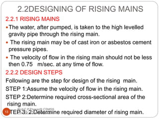 2.2DESIGNING OF RISING MAINS
2.2.1 RISING MAINS
The water, after pumped, is taken to the high levelled
gravity pipe through the rising main.
 The rising main may be of cast iron or asbestos cement
pressure pipes.
 The velocity of flow in the rising main should not be less
then 0.75 m/sec. at any time of flow.
2.2.2 DESIGN STEPS
Following are the step for design of the rising main.
STEP 1:Assume the velocity of flow in the rising main.
STEP 2:Determine required cross-sectional area of the
rising main.
STEP 3: 2:Determine required diameter of rising main.13
Prof.C.P.Thosar@ CSMSS
CSCOE,AURANGABAD
 