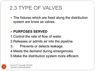 2.3 TYPE OF VALVES
 The fixtures which are fixed along the distribution
system are know as valves.
 PURPOSES SERVED
1.Control the rate of flow of water.
2.Releases or admits air into the pipeline.
3. Prevents or detects leakage.
4.Meets the demand during emergencies.
5.Make the distribution system more efficient.
14
Prof.C.P.Thosar@ CSMSS
CSCOE,AURANGABAD
 