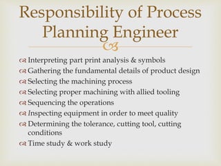 
 Interpreting part print analysis & symbols
 Gathering the fundamental details of product design
 Selecting the machining process
 Selecting proper machining with allied tooling
 Sequencing the operations
 Inspecting equipment in order to meet quality
 Determining the tolerance, cutting tool, cutting
conditions
 Time study & work study
Responsibility of Process
Planning Engineer
 