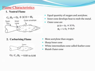 Flame Characteristics
1. Neutral Flame
 Equal quantity of oxygen and acetylene.
 Inner cone develops heat to melt the metal.
 Outer cone are
2. Carburising Flame  More acetylene than oxygen.
 Sharp Inner cone
 White intermediate cone called feather cone
 Bluish Outer cone
 
