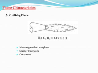 Flame Characteristics
3. Oxidising Flame
 More oxygen than acetylene.
 Smaller Inner cone
 Outer cone
 
