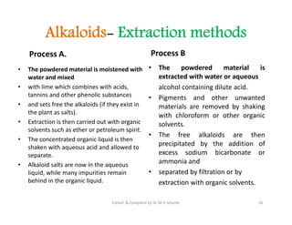 Alkaloids- Extraction methods
Process A.
• The powdered material is moistened with
water and mixed
• with lime which combines with acids,
tannins and other phenolic substances
• and sets free the alkaloids (if they exist in
the plant as salts).
• Extraction is then carried out with organic
solvents such as ether or petroleum spirit.
• The concentrated organic liquid is then
shaken with aqueous acid and allowed to
separate.
• Alkaloid salts are now in the aqueous
liquid, while many impurities remain
behind in the organic liquid.
Process B
• The powdered material is
extracted with water or aqueous
alcohol containing dilute acid.
• Pigments and other unwanted
materials are removed by shaking
with chloroform or other organic
solvents.
• The free alkaloids are then
precipitated by the addition of
excess sodium bicarbonate or
ammonia and
• separated by filtration or by
extraction with organic solvents.
• The powdered material is moistened with
water and mixed
• with lime which combines with acids,
tannins and other phenolic substances
• and sets free the alkaloids (if they exist in
the plant as salts).
• Extraction is then carried out with organic
solvents such as ether or petroleum spirit.
• The concentrated organic liquid is then
shaken with aqueous acid and allowed to
separate.
• Alkaloid salts are now in the aqueous
liquid, while many impurities remain
behind in the organic liquid.
• The powdered material is
extracted with water or aqueous
alcohol containing dilute acid.
• Pigments and other unwanted
materials are removed by shaking
with chloroform or other organic
solvents.
• The free alkaloids are then
precipitated by the addition of
excess sodium bicarbonate or
ammonia and
• separated by filtration or by
extraction with organic solvents.
18
Edited & Compiled by Dr M H Ghante
 
