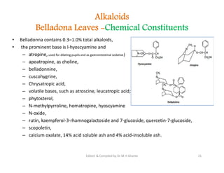 Alkaloids
Belladona Leaves -Chemical Constituents
• Belladonna contains 0.3–1.0% total alkaloids,
• the prominent base is l-hyoscyamine and
– atropine, used for dilating pupils and as gastrointestinal sedative)
– apoatropine, as choline,
– belladonnine,
– cuscohygrine,
– Chrysatropic acid,
– volatile bases, such as atroscine, leucatropic acid;
– phytosterol,
– N-methylpyrroline, homatropine, hyoscyamine
– N-oxide,
– rutin, kaempferol-3-rhamnogalactoside and 7-glucoside, quercetin-7-glucoside,
– scopoletin,
– calcium oxalate, 14% acid soluble ash and 4% acid-insoluble ash.
• Belladonna contains 0.3–1.0% total alkaloids,
• the prominent base is l-hyoscyamine and
– atropine, used for dilating pupils and as gastrointestinal sedative)
– apoatropine, as choline,
– belladonnine,
– cuscohygrine,
– Chrysatropic acid,
– volatile bases, such as atroscine, leucatropic acid;
– phytosterol,
– N-methylpyrroline, homatropine, hyoscyamine
– N-oxide,
– rutin, kaempferol-3-rhamnogalactoside and 7-glucoside, quercetin-7-glucoside,
– scopoletin,
– calcium oxalate, 14% acid soluble ash and 4% acid-insoluble ash.
21
Edited & Compiled by Dr M H Ghante
 