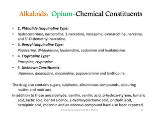 • 2. Phthalide Isoquinoline Type:
• Hydrocotarnme, narcotoline, 1-narcotine, noscapine, oxynarcotine, narceine,
and 5’-O-demethyl-narcotine.
• 3. Benzyl Isoquinoline Type:
Papaverine, dl-laudanine, laudanidine, codamine and laudanosine.
• 4. Cryptopine Type:
Protopine, cryptopine.
• 5. Unknown Constituents:
Aporeine, diodeadine, meconidine, papaveramine and lanthopine.
The drug also contains sugars, sulphates, albuminous compounds, colouring
matter and moisture.
In addition to these anisaldehyde, vanillin, vanillic acid, β-hydroxystyrene, fumaric
acid, lactic acid, benzyl alcohol, 2-hydroxycinchonic acid, phthalic acid,
hemipinic acid, meconin and an odorous compound have also been reported.
Alkaloids: Opium-Chemical Constituents
• 2. Phthalide Isoquinoline Type:
• Hydrocotarnme, narcotoline, 1-narcotine, noscapine, oxynarcotine, narceine,
and 5’-O-demethyl-narcotine.
• 3. Benzyl Isoquinoline Type:
Papaverine, dl-laudanine, laudanidine, codamine and laudanosine.
• 4. Cryptopine Type:
Protopine, cryptopine.
• 5. Unknown Constituents:
Aporeine, diodeadine, meconidine, papaveramine and lanthopine.
The drug also contains sugars, sulphates, albuminous compounds, colouring
matter and moisture.
In addition to these anisaldehyde, vanillin, vanillic acid, β-hydroxystyrene, fumaric
acid, lactic acid, benzyl alcohol, 2-hydroxycinchonic acid, phthalic acid,
hemipinic acid, meconin and an odorous compound have also been reported.
29
Edited & Compiled by Dr M H Ghante
 