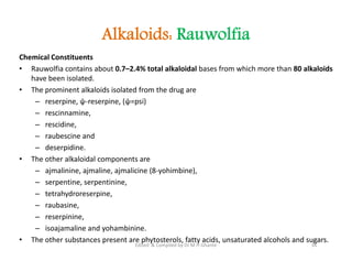 Alkaloids: Rauwolfia
Chemical Constituents
• Rauwolfia contains about 0.7–2.4% total alkaloidal bases from which more than 80 alkaloids
have been isolated.
• The prominent alkaloids isolated from the drug are
– reserpine, ψ-reserpine, (ψ=psi)
– rescinnamine,
– rescidine,
– raubescine and
– deserpidine.
• The other alkaloidal components are
– ajmalinine, ajmaline, ajmalicine (8-yohimbine),
– serpentine, serpentinine,
– tetrahydroreserpine,
– raubasine,
– reserpinine,
– isoajamaline and yohambinine.
• The other substances present are phytosterols, fatty acids, unsaturated alcohols and sugars.
Chemical Constituents
• Rauwolfia contains about 0.7–2.4% total alkaloidal bases from which more than 80 alkaloids
have been isolated.
• The prominent alkaloids isolated from the drug are
– reserpine, ψ-reserpine, (ψ=psi)
– rescinnamine,
– rescidine,
– raubescine and
– deserpidine.
• The other alkaloidal components are
– ajmalinine, ajmaline, ajmalicine (8-yohimbine),
– serpentine, serpentinine,
– tetrahydroreserpine,
– raubasine,
– reserpinine,
– isoajamaline and yohambinine.
• The other substances present are phytosterols, fatty acids, unsaturated alcohols and sugars.
34
Edited & Compiled by Dr M H Ghante
 