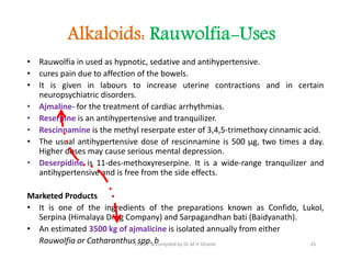 Alkaloids: Rauwolfia-Uses
• Rauwolfia in used as hypnotic, sedative and antihypertensive.
• cures pain due to affection of the bowels.
• It is given in labours to increase uterine contractions and in certain
neuropsychiatric disorders.
• Ajmaline- for the treatment of cardiac arrhythmias.
• Reserpine is an antihypertensive and tranquilizer.
• Rescinnamine is the methyl reserpate ester of 3,4,5-trimethoxy cinnamic acid.
• The usual antihypertensive dose of rescinnamine is 500 μg, two times a day.
Higher doses may cause serious mental depression.
• Deserpidine is 11-des-methoxyreserpine. It is a wide-range tranquilizer and
antihypertensive and is free from the side effects.
Marketed Products
• It is one of the ingredients of the preparations known as Confido, Lukol,
Serpina (Himalaya Drug Company) and Sarpagandhan bati (Baidyanath).
• An estimated 3500 kg of ajmalicine is isolated annually from either
Rauwolfia or Catharanthus spp. b
• Rauwolfia in used as hypnotic, sedative and antihypertensive.
• cures pain due to affection of the bowels.
• It is given in labours to increase uterine contractions and in certain
neuropsychiatric disorders.
• Ajmaline- for the treatment of cardiac arrhythmias.
• Reserpine is an antihypertensive and tranquilizer.
• Rescinnamine is the methyl reserpate ester of 3,4,5-trimethoxy cinnamic acid.
• The usual antihypertensive dose of rescinnamine is 500 μg, two times a day.
Higher doses may cause serious mental depression.
• Deserpidine is 11-des-methoxyreserpine. It is a wide-range tranquilizer and
antihypertensive and is free from the side effects.
Marketed Products
• It is one of the ingredients of the preparations known as Confido, Lukol,
Serpina (Himalaya Drug Company) and Sarpagandhan bati (Baidyanath).
• An estimated 3500 kg of ajmalicine is isolated annually from either
Rauwolfia or Catharanthus spp. b 35
Edited & Compiled by Dr M H Ghante
 