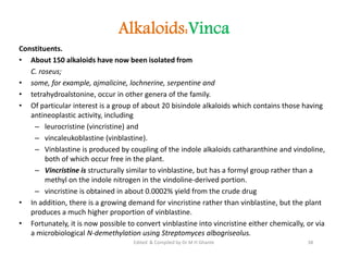 Alkaloids:Vinca
Constituents.
• About 150 alkaloids have now been isolated from
C. roseus;
• some, for example, ajmalicine, lochnerine, serpentine and
• tetrahydroalstonine, occur in other genera of the family.
• Of particular interest is a group of about 20 bisindole alkaloids which contains those having
antineoplastic activity, including
– leurocristine (vincristine) and
– vincaleukoblastine (vinblastine).
– Vinblastine is produced by coupling of the indole alkaloids catharanthine and vindoline,
both of which occur free in the plant.
– Vincristine is structurally similar to vinblastine, but has a formyl group rather than a
methyl on the indole nitrogen in the vindoline-derived portion.
– vincristine is obtained in about 0.0002% yield from the crude drug
• In addition, there is a growing demand for vincristine rather than vinblastine, but the plant
produces a much higher proportion of vinblastine.
• Fortunately, it is now possible to convert vinblastine into vincristine either chemically, or via
a microbiological N-demethylation using Streptomyces albogriseolus.
Constituents.
• About 150 alkaloids have now been isolated from
C. roseus;
• some, for example, ajmalicine, lochnerine, serpentine and
• tetrahydroalstonine, occur in other genera of the family.
• Of particular interest is a group of about 20 bisindole alkaloids which contains those having
antineoplastic activity, including
– leurocristine (vincristine) and
– vincaleukoblastine (vinblastine).
– Vinblastine is produced by coupling of the indole alkaloids catharanthine and vindoline,
both of which occur free in the plant.
– Vincristine is structurally similar to vinblastine, but has a formyl group rather than a
methyl on the indole nitrogen in the vindoline-derived portion.
– vincristine is obtained in about 0.0002% yield from the crude drug
• In addition, there is a growing demand for vincristine rather than vinblastine, but the plant
produces a much higher proportion of vinblastine.
• Fortunately, it is now possible to convert vinblastine into vincristine either chemically, or via
a microbiological N-demethylation using Streptomyces albogriseolus.
38
Edited & Compiled by Dr M H Ghante
 