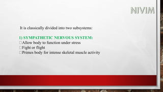 It is classically divided into two subsystems:
1) SYMPATHETIC NERVOUS SYSTEM:
Allow body to function under stress
Fight or flight
Primes body for intense skeletal muscle activity
 