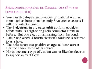 SEMICONDUCTORS CAN BE CONDUCTORS (P –TYPE
SEMICONDUCTOR)
• You can also dope a semiconductor material with an
atom such as boron that has only 3 valence electrons is
called trivalent element .
• The 3 electrons in the outer orbit do form covalent
bonds with its neighboring semiconductor atoms as
before. But one electron is missing from the bond.
• This place where a fourth electron should be is referred
to as a hole.
• The hole assumes a positive charge so it can attract
electrons from some other source.
• Holes become a type of current carrier like the electron
to support current flow.
 