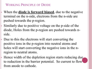 WORKING PRINCIPLE OF DIODE
• When the diode is forward biased, due to the negative
terminal on the n-side, electrons from the n-side are
pushed towards the p-region.
• Similarly due to positive voltage on the p-side of the
diode, Holes from the p-region are pushed towards n-
side.
• Due to this the electrons will start converting the
positive ions in the p-region into neutral atoms and
holes will start converting the negative ions in the n-
region to neutral atoms.
• Hence width of the depletion region starts reducing due
to reduction in the barrier potential. So current to flow
from anode to cathode.
 