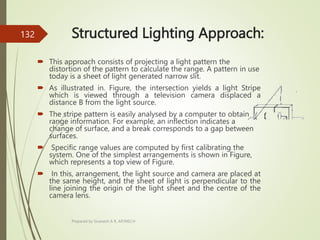 Structured Lighting Approach:
 This approach consists of projecting a light pattern the
distortion of the pattern to calculate the range. A pattern in use
today is a sheet of light generated narrow slit.
 As illustrated in. Figure, the intersection yields a light Stripe
which is viewed through a television camera displaced a
distance B from the light source.
 The stripe pattern is easily analysed by a computer to obtain
range information. For example, an inflection indicates a
change of surface, and a break corresponds to a gap between
surfaces.
 Specific range values are computed by first calibrating the
system. One of the simplest arrangements is shown in Figure,
which represents a top view of Figure.
 In this, arrangement, the light source and camera are placed at
the same height, and the sheet of light is perpendicular to the
line joining the origin of the light sheet and the centre of the
camera lens.
Prepared by Sivanesh A R, AP/MECH
132
 