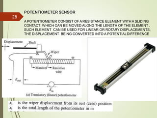 POTENTIOMETER SENSOR
A POTENTIOMETER CONSIST OF A RESISTANCE ELEMENT WITHA SLIDING
CONTACT WHICH CAN BE MOVED ALONG THE LENGTH OF THE ELEMENT .
SUCH ELEMENT CAN BE USED FOR LINEAR OR ROTARY DISPLACEMENTS,
THE DISPLACEMENT BEING CONVERTED INTO A POTENTIALDIFFERENCE
Prepared by Sivanesh A R, AP/MECH
28
 