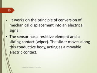 • It works on the principle of conversion of
mechanical displacement into an electrical
signal.
• The sensor has a resistive element and a
sliding contact (wiper). The slider moves along
this conductive body, acting as a movable
electric contact.
Prepared by Sivanesh A R, AP/MECH
30
 