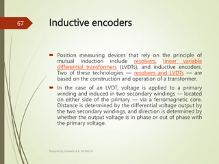 Inductive encoders
 Position measuring devices that rely on the principle of
mutual induction include resolvers, linear variable
differential transformers (LVDTs), and inductive encoders.
Two of these technologies — resolvers and LVDTs — are
based on the construction and operation of a transformer.
 In the case of an LVDT, voltage is applied to a primary
winding and induced in two secondary windings — located
on either side of the primary — via a ferromagnetic core.
Distance is determined by the differential voltage output by
the two secondary windings, and direction is determined by
whether the output voltage is in phase or out of phase with
the primary voltage.
Prepared by Sivanesh A R, AP/MECH
67
 