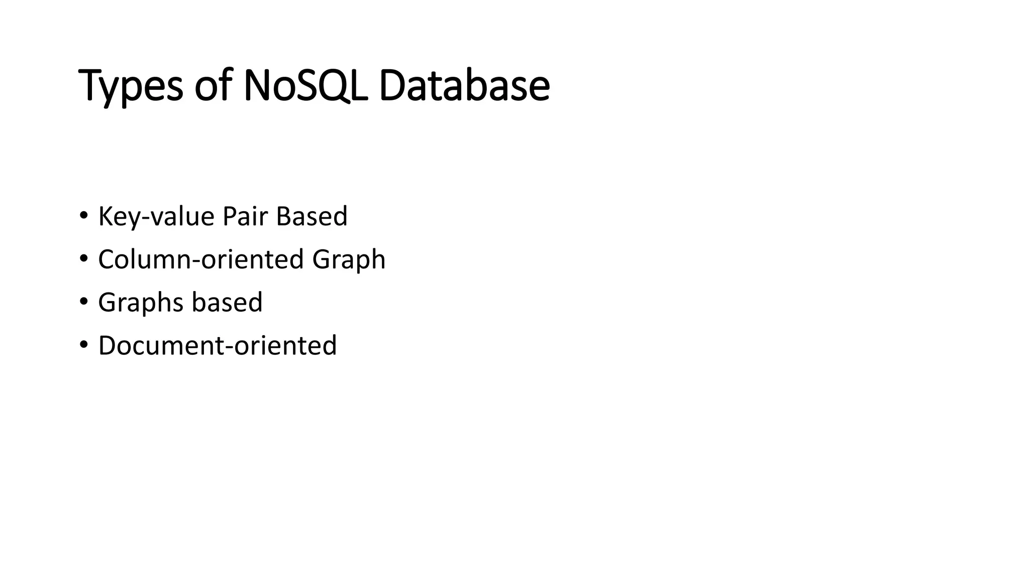 Types of NoSQL Database
• Key-value Pair Based
• Column-oriented Graph
• Graphs based
• Document-oriented
 