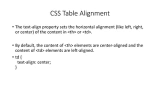 CSS Table Alignment
• The text-align property sets the horizontal alignment (like left, right,
or center) of the content in <th> or <td>.
• By default, the content of <th> elements are center-aligned and the
content of <td> elements are left-aligned.
• td {
text-align: center;
}
 