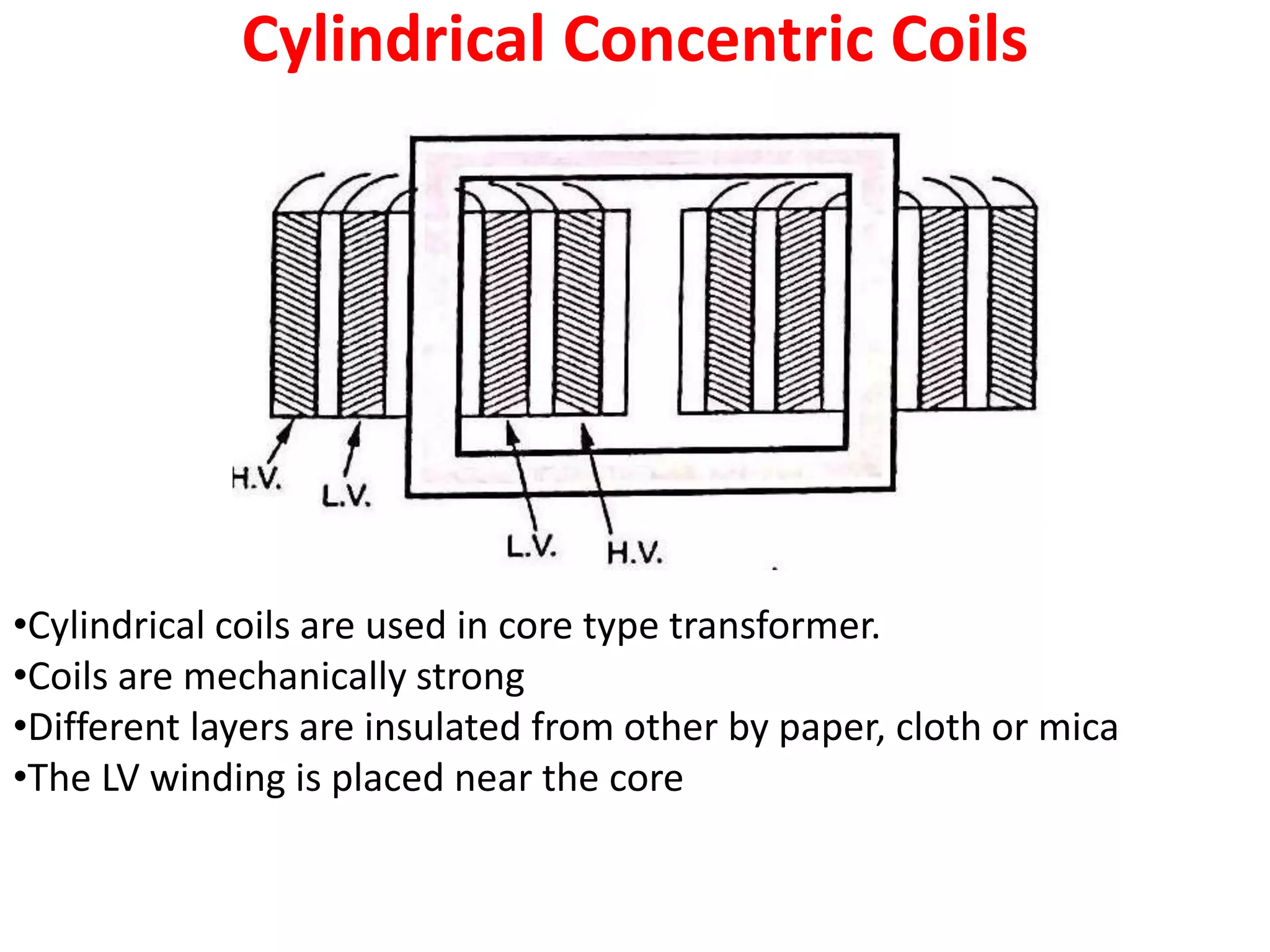 Cylindrical Concentric Coils
•Cylindrical coils are used in core type transformer.
•Coils are mechanically strong
•Different layers are insulated from other by paper, cloth or mica
•The LV winding is placed near the core
 