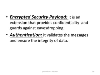 • Encrypted Security Payload: It is an
extension that provides confidentiality and
guards against eavesdropping.
• Authentication: it validates the messages
and ensure the integrity of data.
prepared by J.A.Suthar 55
 