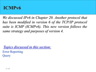 21.58
ICMPv6
We discussed IPv6 in Chapter 20. Another protocol that
has been modified in version 6 of the TCP/IP protocol
suite is ICMP (ICMPv6). This new version follows the
same strategy and purposes of version 4.
Error Reporting
Query
Topics discussed in this section:
 