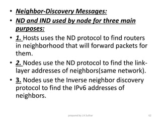 • Neighbor-Discovery Messages:
• ND and IND used by node for three main
purposes:
• 1. Hosts uses the ND protocol to find routers
in neighborhood that will forward packets for
them.
• 2. Nodes use the ND protocol to find the link-
layer addresses of neighbors(same network).
• 3. Nodes use the Inverse neighbor discovery
protocol to find the IPv6 addresses of
neighbors.
prepared by J.A.Suthar 62
 
