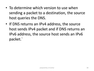 • To determine which version to use when
sending a packet to a destination, the source
host queries the DNS.
• If DNS returns an IPv4 address, the source
host sends IPv4 packet and if DNS returns an
IPv6 address, the source host sends an IPv6
packet.`
prepared by J.A.Suthar 68
 