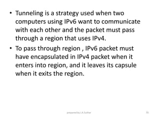 • Tunneling is a strategy used when two
computers using IPv6 want to communicate
with each other and the packet must pass
through a region that uses IPv4.
• To pass through region , IPv6 packet must
have encapsulated in IPv4 packet when it
enters into region, and it leaves its capsule
when it exits the region.
prepared by J.A.Suthar 70
 