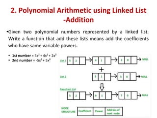 •Given two polynomial numbers represented by a linked list.
Write a function that add these lists means add the coefficients
who have same variable powers.
• 1st number = 5x2
+ 4x1
+ 2x0
• 2nd number = -5x1
+ 5x0
2. Polynomial Arithmetic using Linked List
-Addition
 