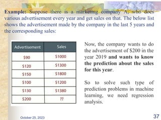 Example: Suppose there is a marketing company A, who does
various advertisement every year and get sales on that. The below list
shows the advertisement made by the company in the last 5 years and
the corresponding sales:
October 25, 2023 37
Now, the company wants to do
the advertisement of $200 in the
year 2019 and wants to know
the prediction about the sales
for this year.
So to solve such type of
prediction problems in machine
learning, we need regression
analysis.
 