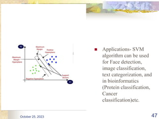  Applications- SVM
algorithm can be used
for Face detection,
image classification,
text categorization, and
in bioinformatics
(Protein classification,
Cancer
classification)etc.
October 25, 2023 47
 