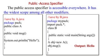 Public -Access Specifier
//save by B.java
package mypack;
import pack.*;
class B
{
public static void main(String args[])
{
A obj=new A();
obj.msg();
}
}
//save by A.java
package pack;
public class A
{
public void msg()
{
System.out.println("Hello");
}
}
The public access specifier is accessible everywhere. It has
the widest scope among all other modifiers.
Output: Hello
 
