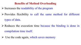 Benefits of Method Overloading
 Increases the readability of the program
 Provides flexibility to call the same method for different
types of data.
 Reduces the execution time because the binding is done in
compilation time itself.
 Use the code again, which saves memory
 