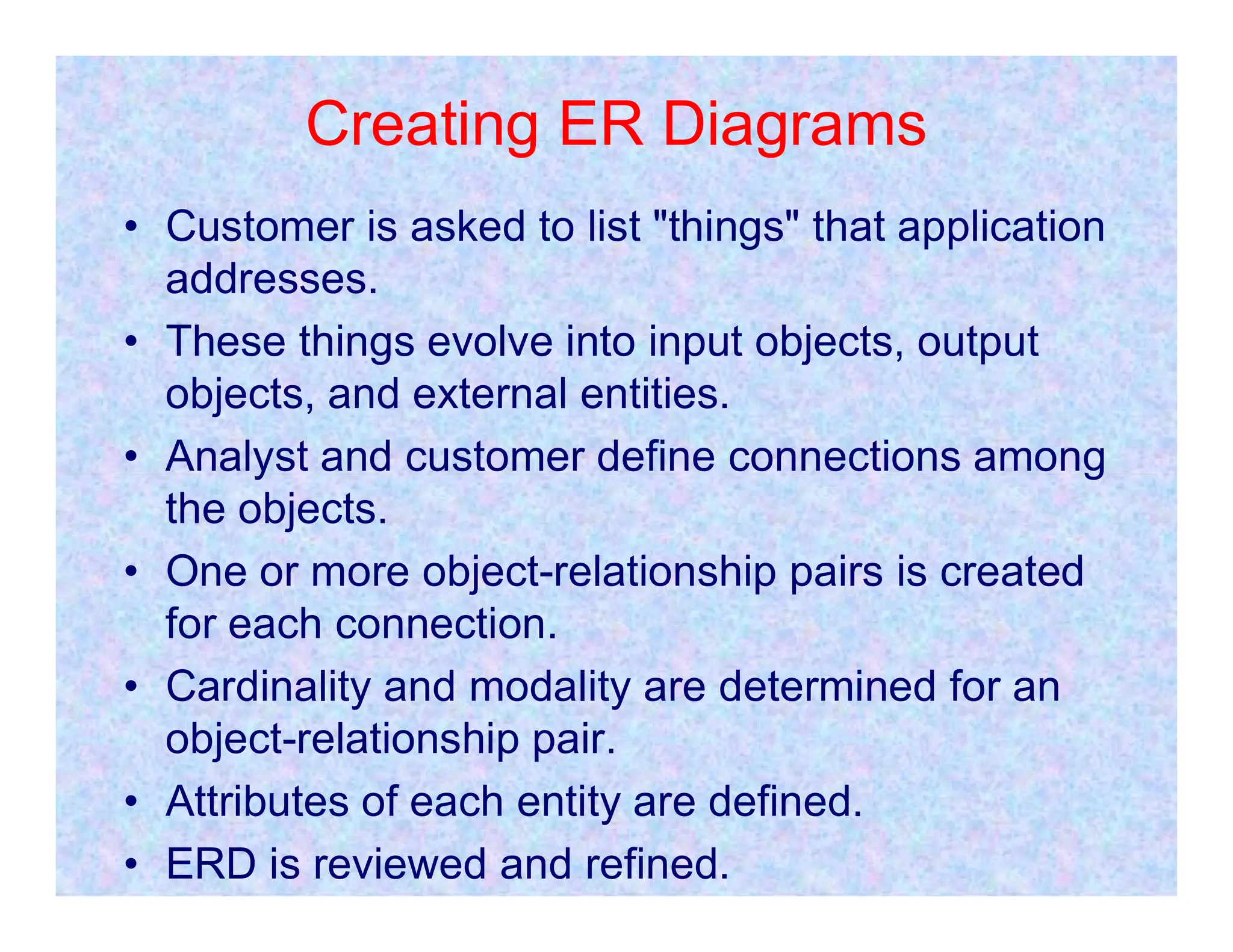 Creating ER Diagrams
• Customer is asked to list "things" that application
addresses.
• These things evolve into input objects, output
objects, and external entities.
• Analyst and customer define connections among
• Analyst and customer define connections among
the objects.
• One or more object-relationship pairs is created
for each connection.
• Cardinality and modality are determined for an
object-relationship pair.
• Attributes of each entity are defined.
• ERD is reviewed and refined.
 